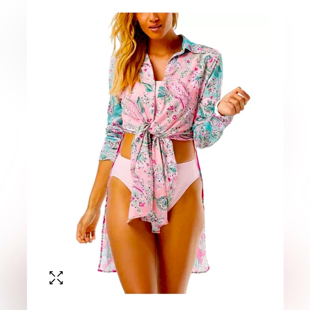 Carmen Marc Valvo Paisley Floral Tie Front Sheer Tunic Shirt Beach Swim Coverup